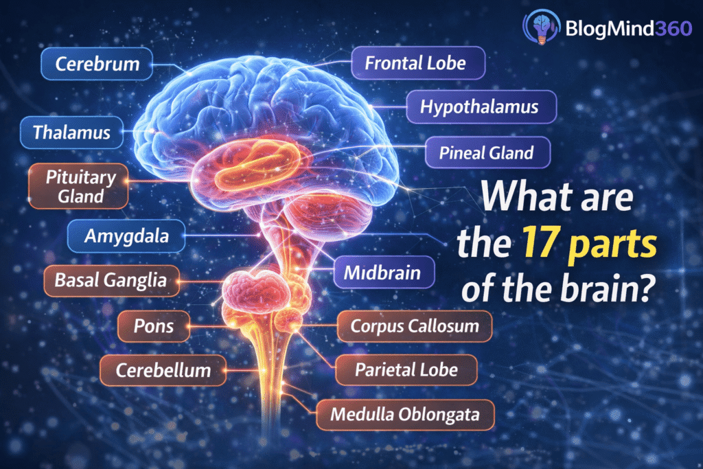 What are the 17 parts of the brain?