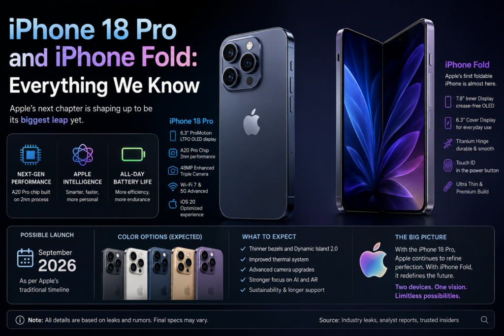 iPhone 18 Pro and iPhone Fold concept render showing dual displays and new colorway