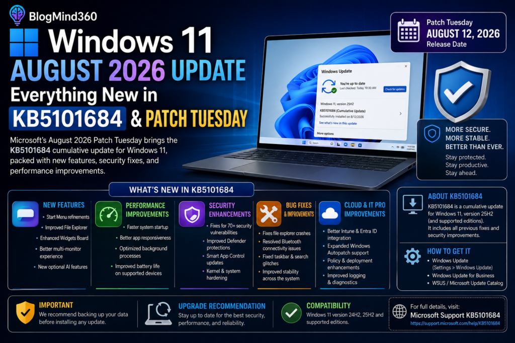 Windows 11 Settings screen showing the August 2026 optional update KB5101684 ready to install