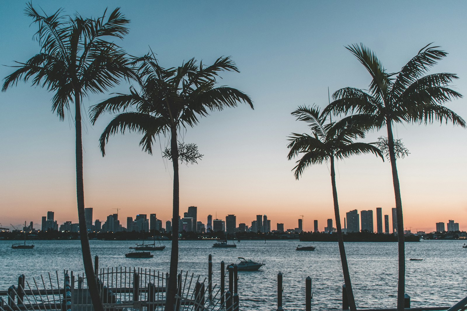 Miami skyline silhouette with palm trees at sunset, evoking the Vice City setting of GTA 6