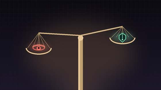 Meta AI glasses privacy illustration showing a scale balancing an eye icon against a shield icon representing surveillance versus protection