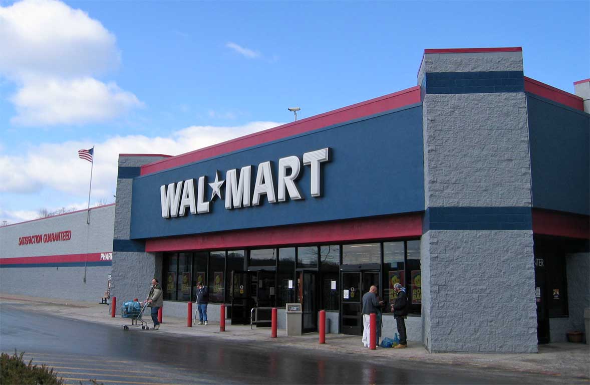 Walmart store exterior, the exclusive retailer for M&M's Mint Crunchy Cookie