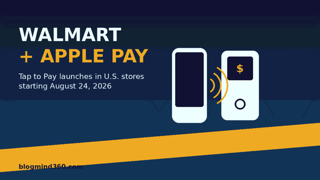 Walmart and Apple Pay tap to pay banner showing a phone tapping a payment terminal, August 24 2026 U.S. launch