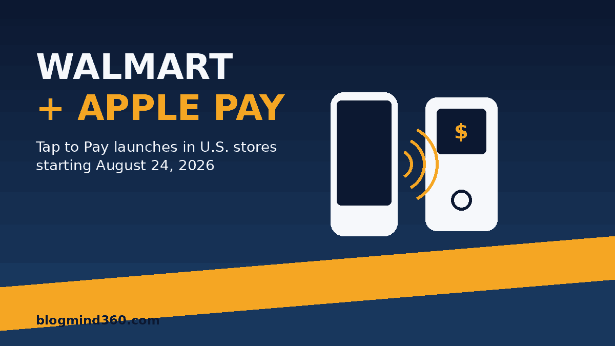 Walmart and Apple Pay tap to pay banner showing a phone tapping a payment terminal, August 24 2026 U.S. launch