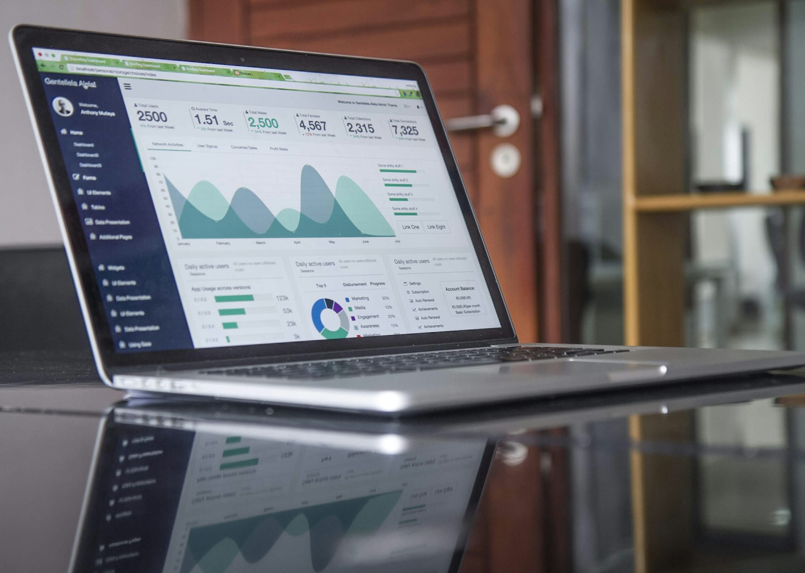 Laptop computer on a glass table showing marketing analytics, representing affiliate marketing AI tools used for tracking and reporting performance