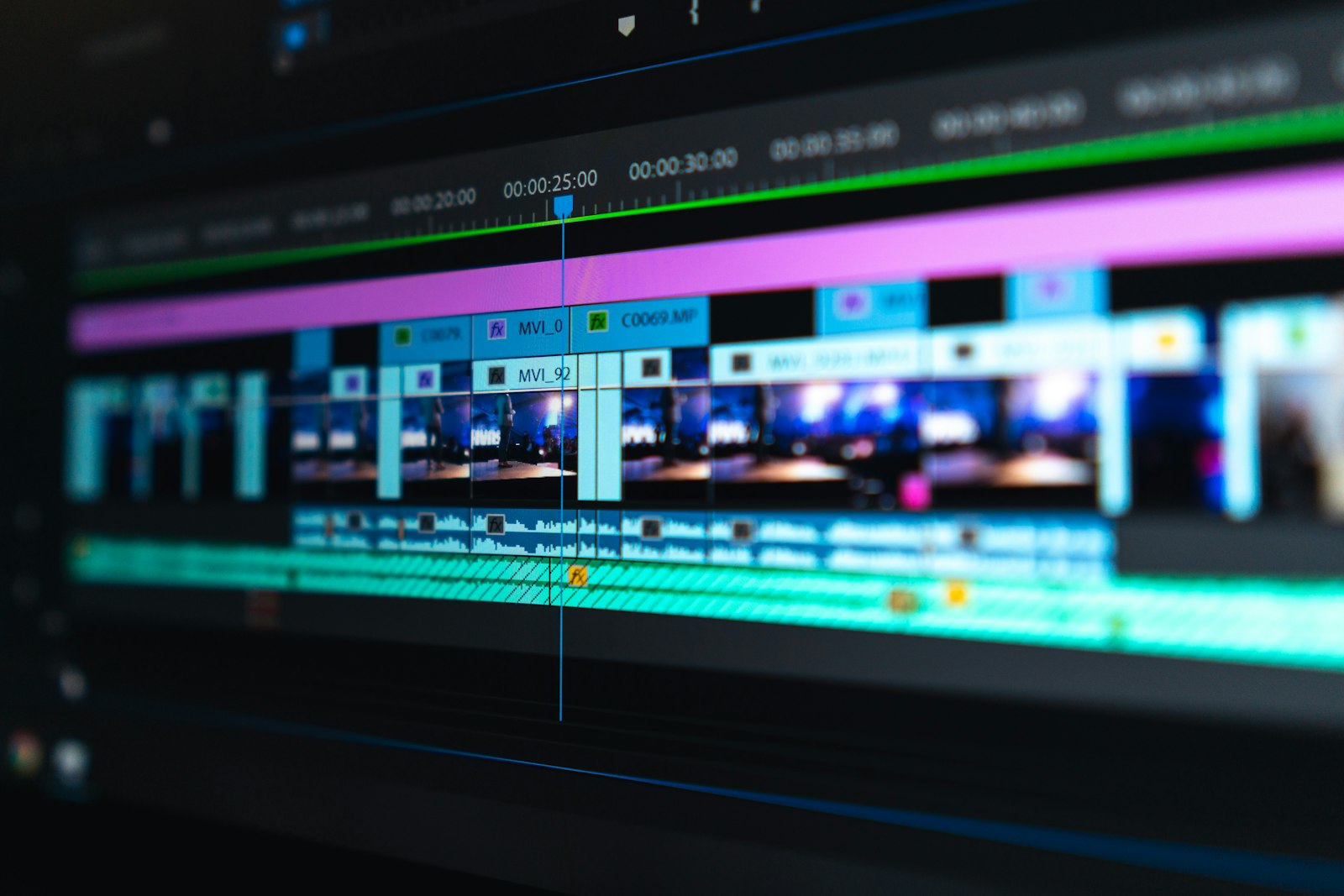 Video editing timeline with colorful clips on a dark screen, representing the best AI video generator 2026 workflow