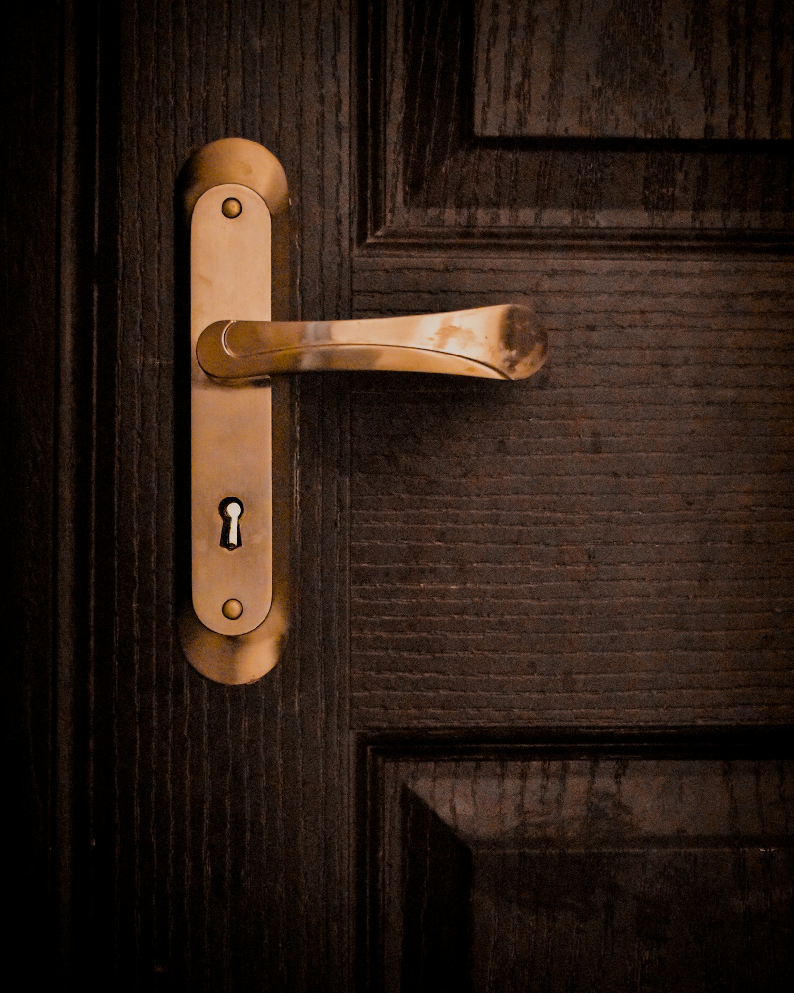 Gold door lever handle on a wooden front door, representing the hardware side of the best smart locks 2026 from August, Schlage, and Yale