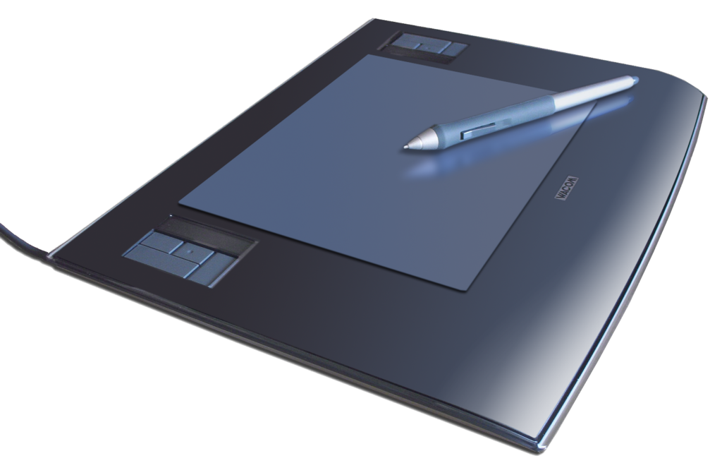 Graphics tablet and pen used by a freelance graphic designer to make money online