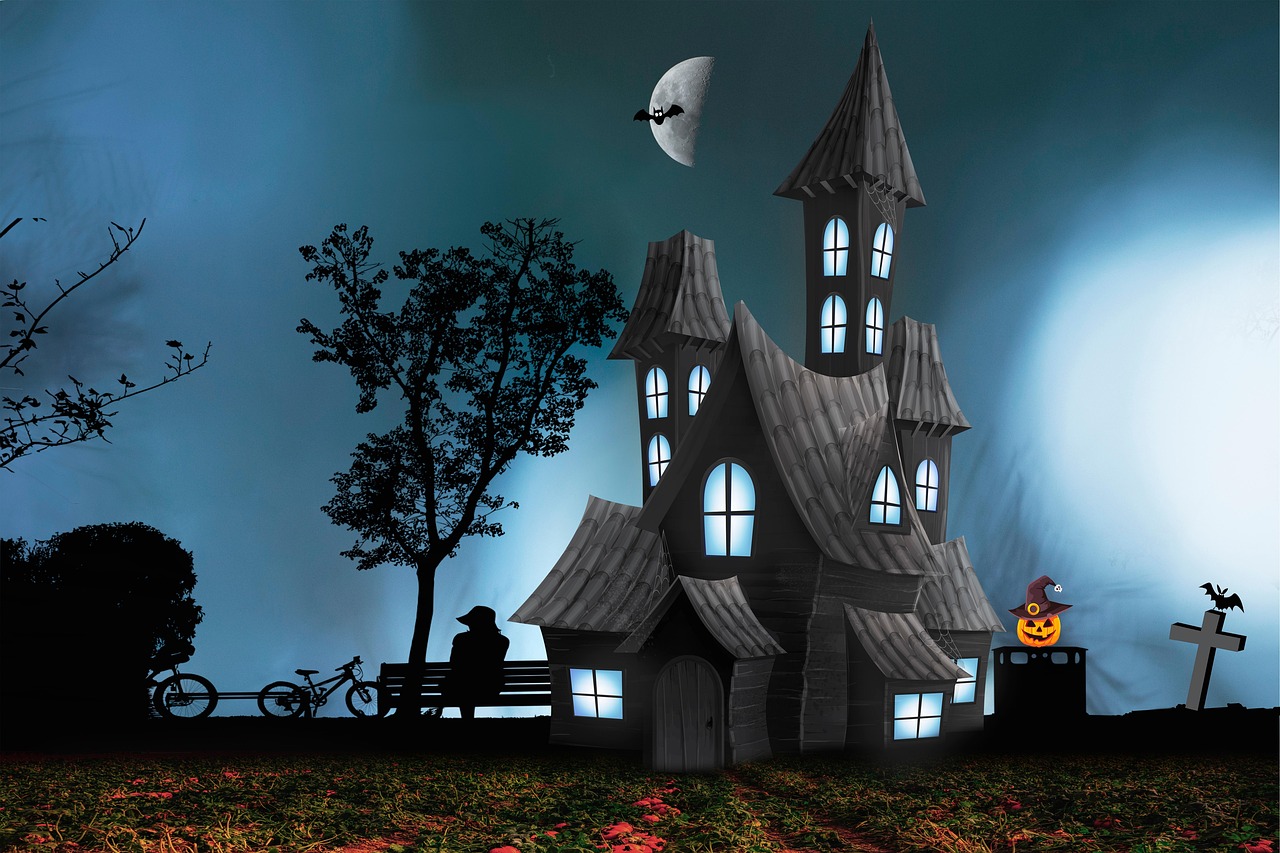 Spooky haunted house at night, similar to the Stranger Things Halloween Horror Nights house theme