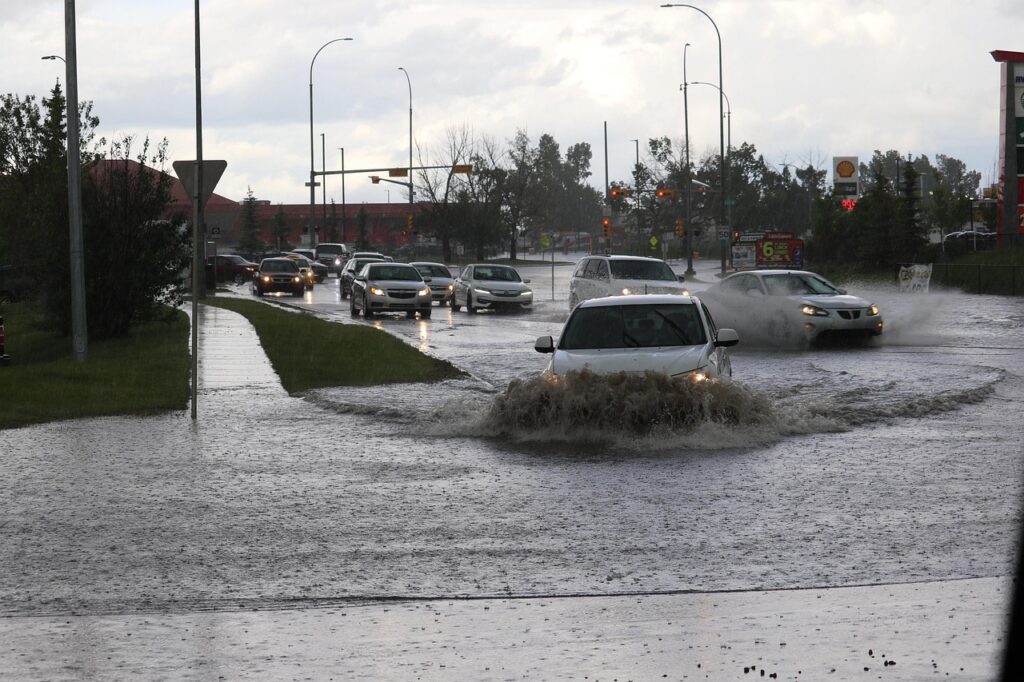 Flooded road after heavy rain, similar to the flash flooding Tropical Storm Edouard caused in Texas