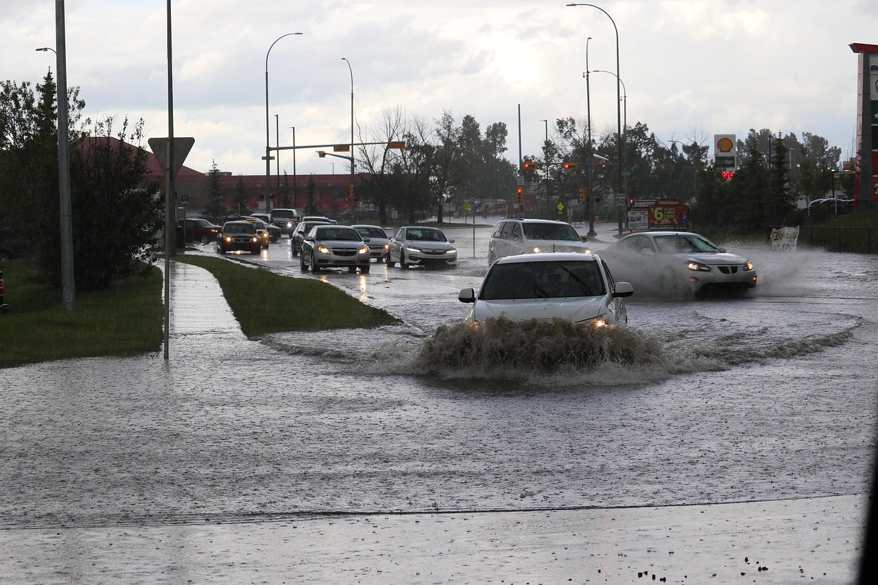 Flooded road after heavy rain, similar to the flash flooding Tropical Storm Edouard caused in Texas